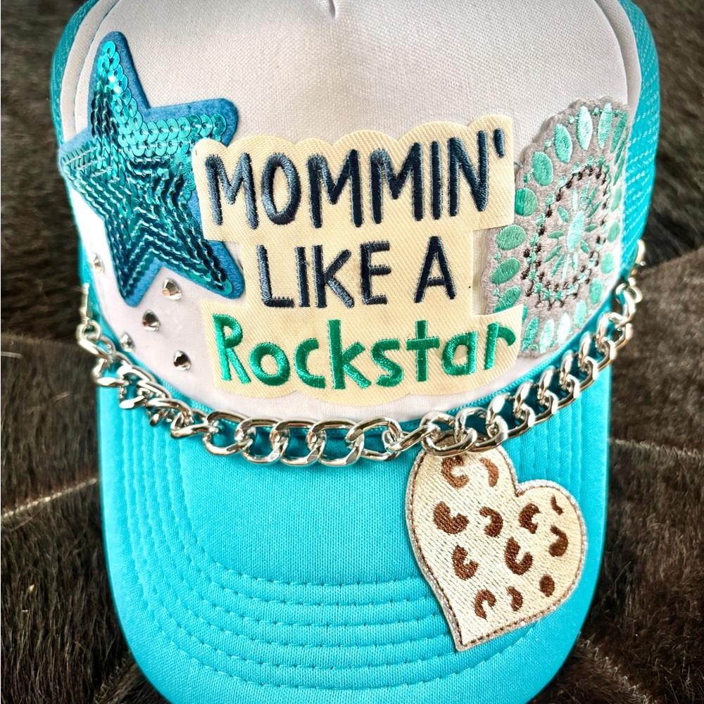 Turquoise&White Trucker Hat with Momma Star Design